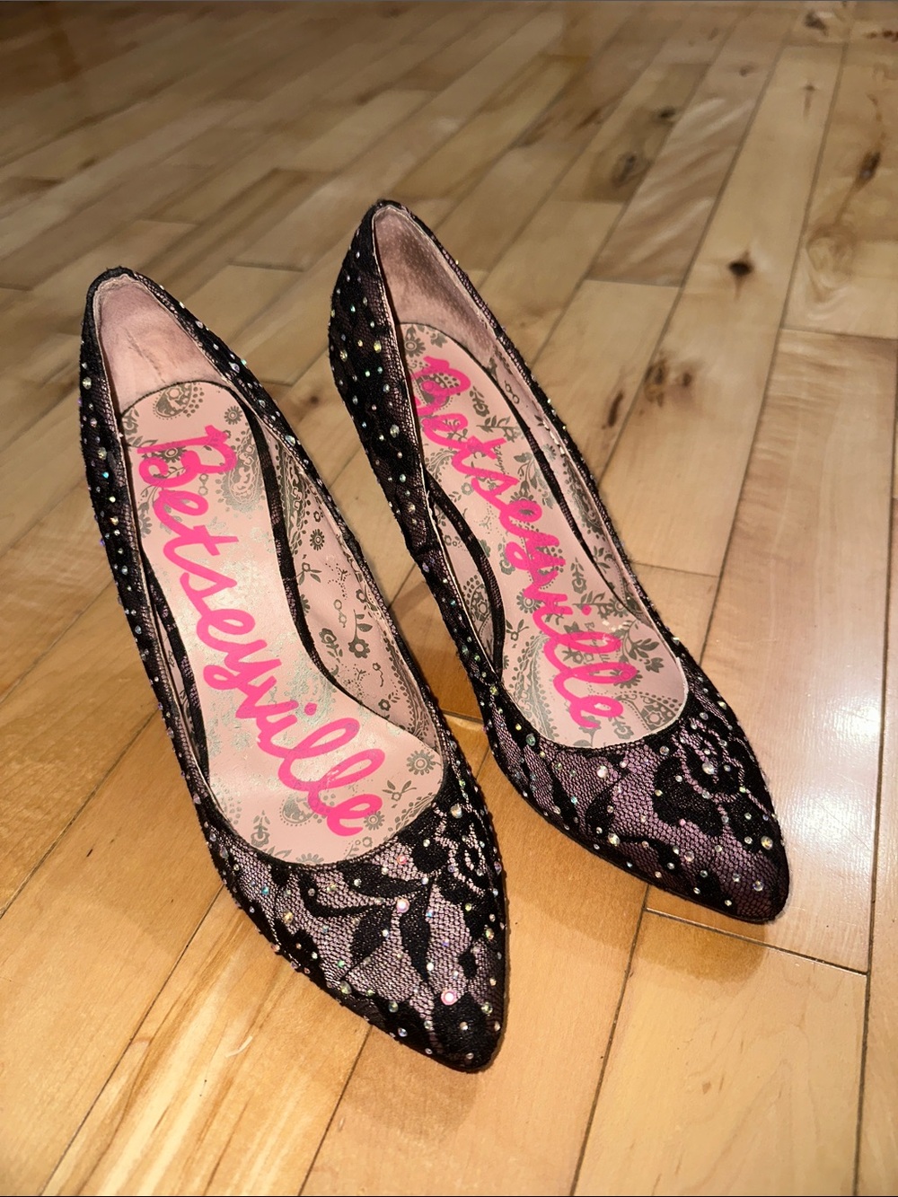 Betsey Johnson Black Lace Pointed Heels with Subtle Sparkle